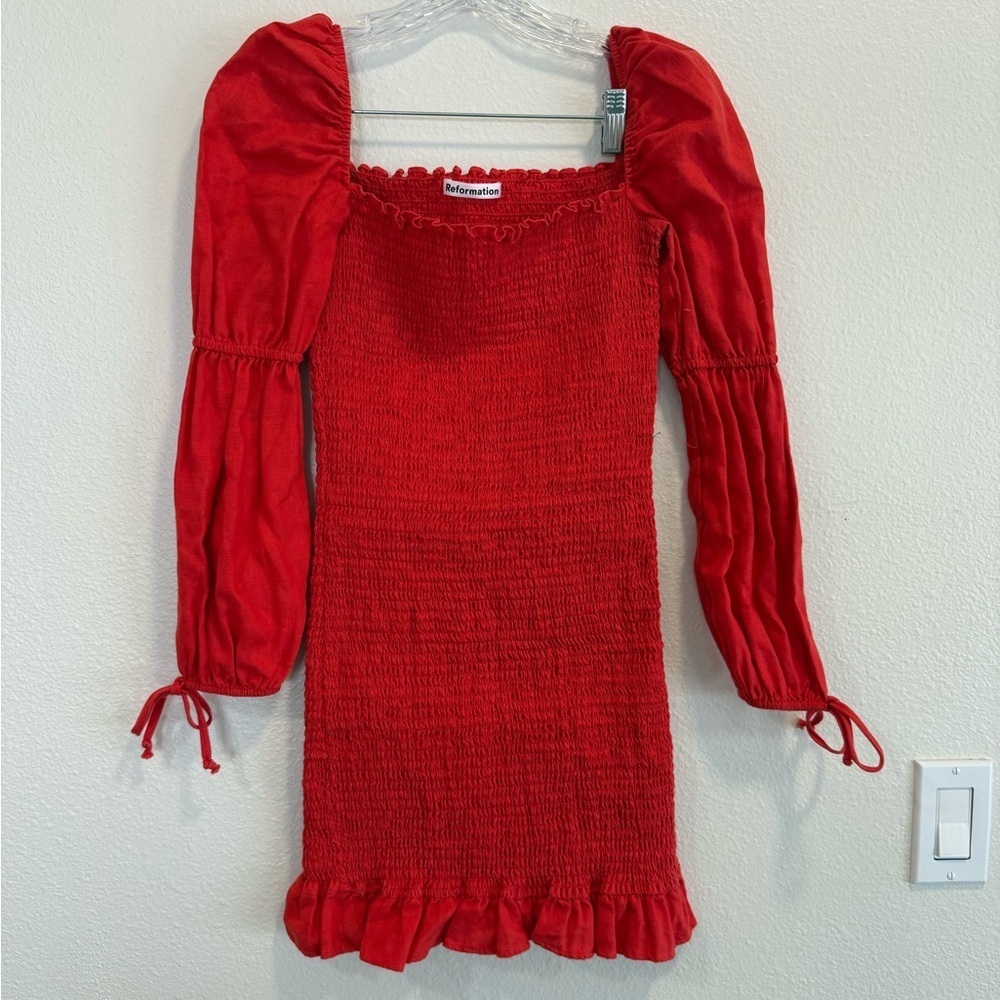 Reformation Red Smocked Mini Dress with Puff Sleeves